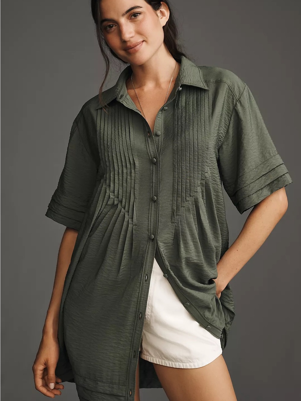 NWT Pilcro Short-Sleeve Pintuck Tunic Shirt Dress in Olive.